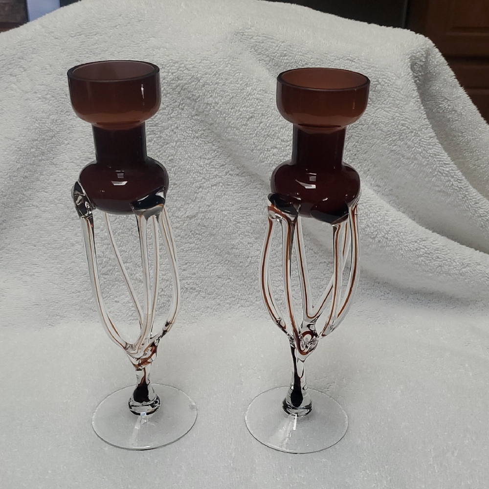 Polish Hand Blown Glass Candle Holders Jellyfish Sculptural Amber Brown VTG